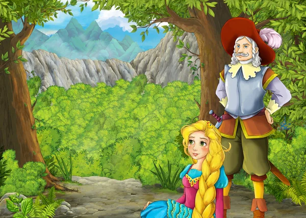 Cartone animato scena estiva con prato nella foresta con principe e p — Foto Stock