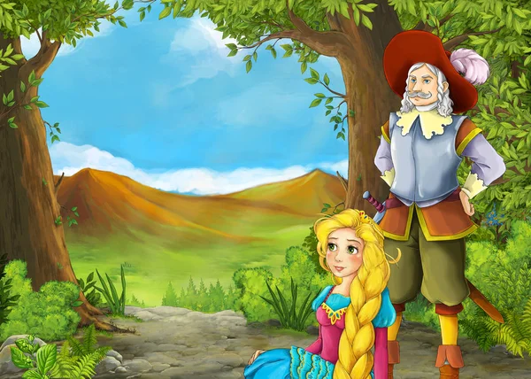 Kreslené letní scéna s loukou údolí s princem a princeznou — Stock fotografie