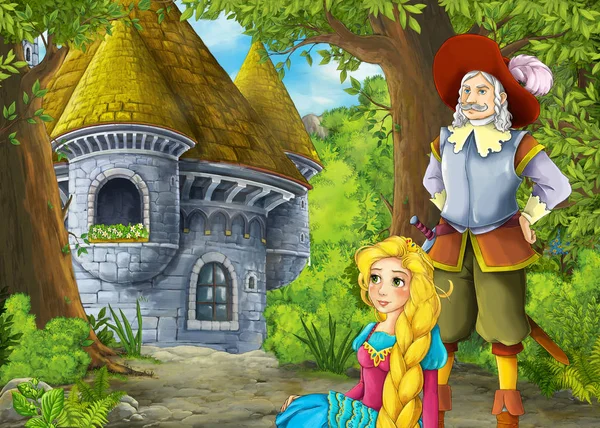 Мультфильм о природе с красивым замком с принцем и принцем — стоковое фото