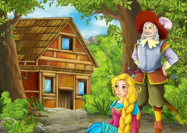 Cartoon-Sommerszene mit Pfad zum Bauerndorf mit Prinz a — Stockfoto