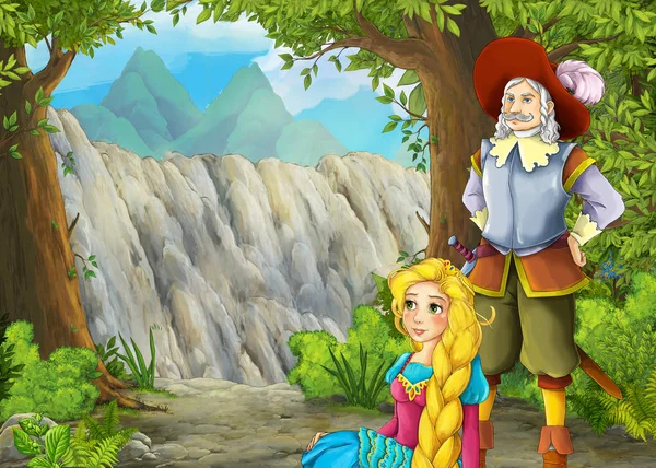 Escena de dibujos animados con montañas valle cerca del bosque con príncipe — Foto de Stock