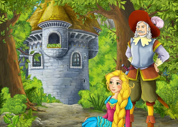 Dibujos animados escena de la naturaleza con hermoso castillo con príncipe y principe —  Fotos de Stock