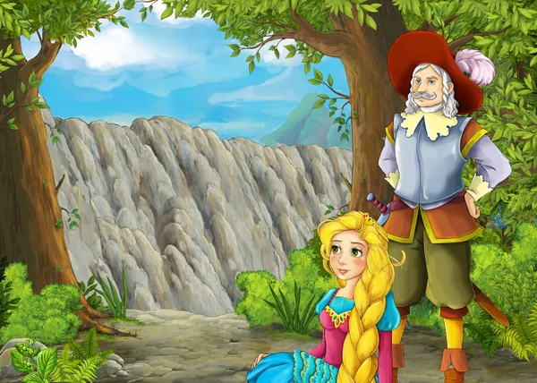Escena de dibujos animados con montañas valle cerca del bosque con príncipe — Foto de Stock