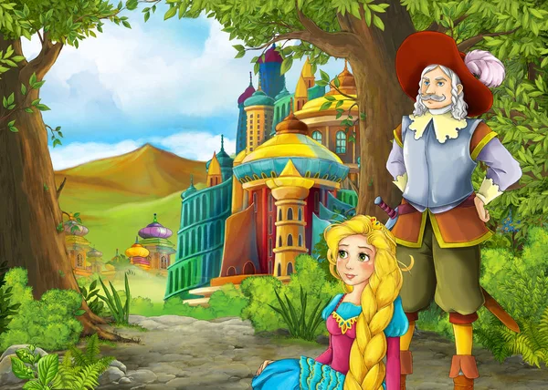 Cartoon nature scene with beautiful castle with prince and princ — Stock Photo, Image