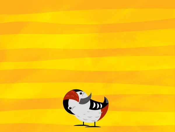 黄色の縞模様の上に野生動物の鳥のキツツキと漫画のシーン — ストック写真