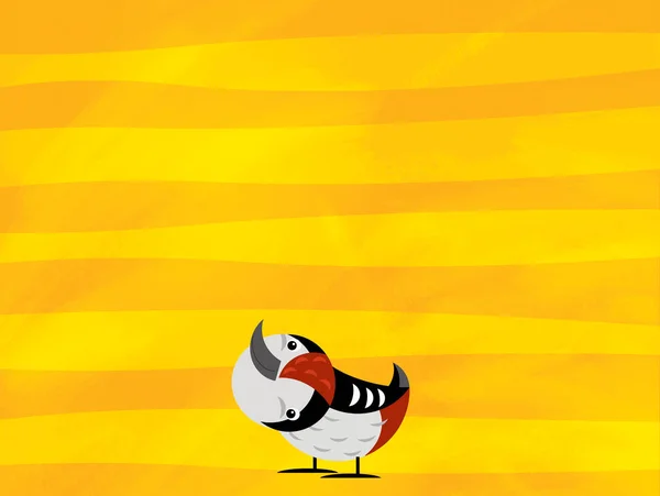 黄色の縞模様の上に野生動物の鳥のキツツキと漫画のシーン — ストック写真
