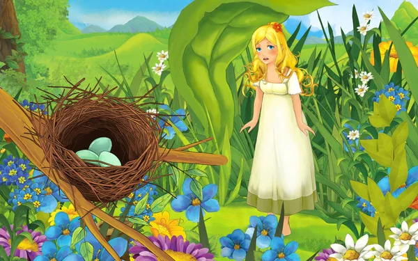 Tecknad scen med ung vacker liten flicka i skogen och en — Stockfoto