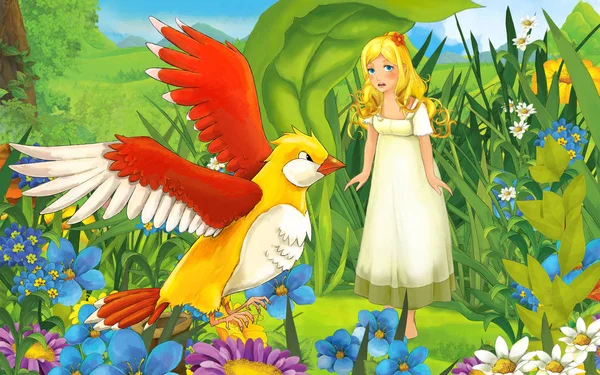 Cartoon scene with young beautiful tiny girl in the forest with — 스톡 사진