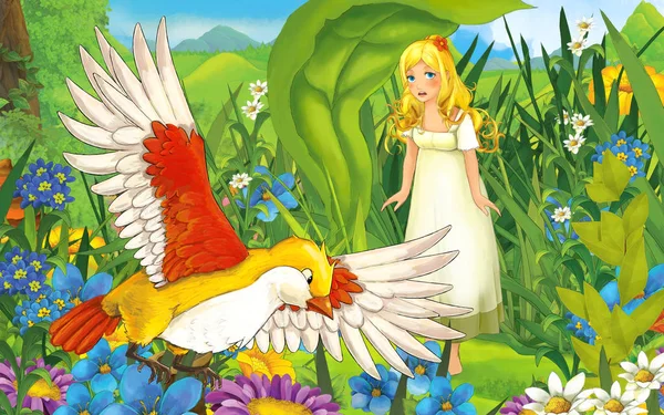 Kreslená scéna s mladou krásnou holčičkou v lese s divokým ptákem - ilustrace — Stock fotografie