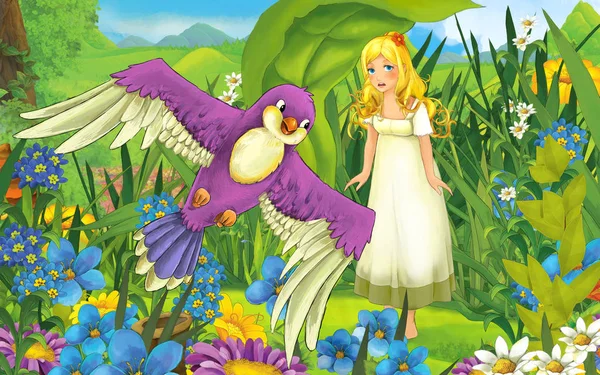 Мультяшная сцена с молодой красивой маленькой девочкой в лесу с дикой птицей - иллюстрация — стоковое фото