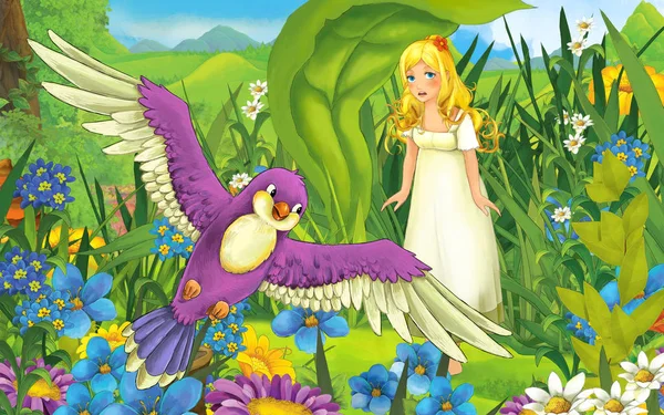 Escena de dibujos animados con joven hermosa niña en el bosque con — Foto de Stock