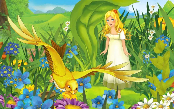 Scena dei cartoni animati con giovane bella piccola ragazza nella foresta con — Foto Stock