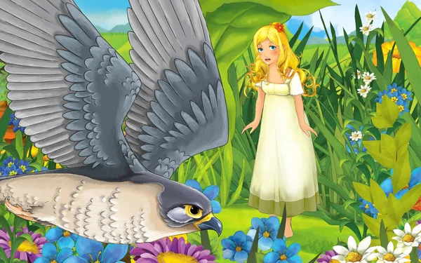 Cartoon scene with young beautiful tiny girl in the forest with a wild bird - illustration — 스톡 사진