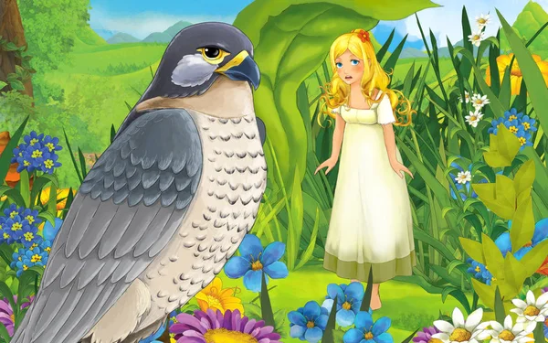 Escena de dibujos animados con una niña pequeña y hermosa en el bosque con un pájaro salvaje - ilustración —  Fotos de Stock