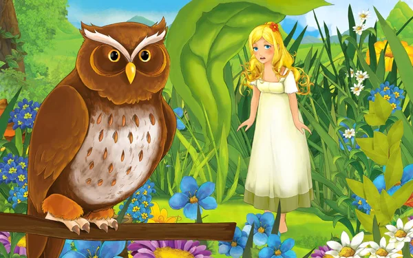 Cartoon-Szene mit jungen schönen kleinen Mädchen im Wald mit einem wilden Vogel - Illustration — Stockfoto