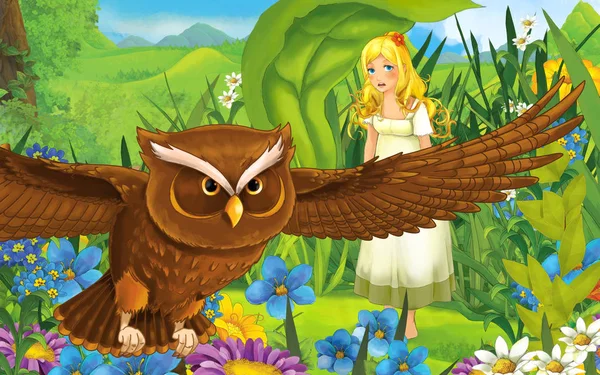 Kreslená scéna s mladou krásnou holčičkou v lese s divokým ptákem - ilustrace — Stock fotografie