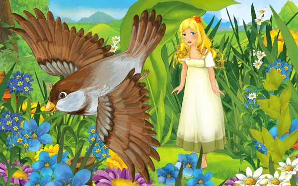 Cartoon scene with young beautiful tiny girl in the forest with — 스톡 사진