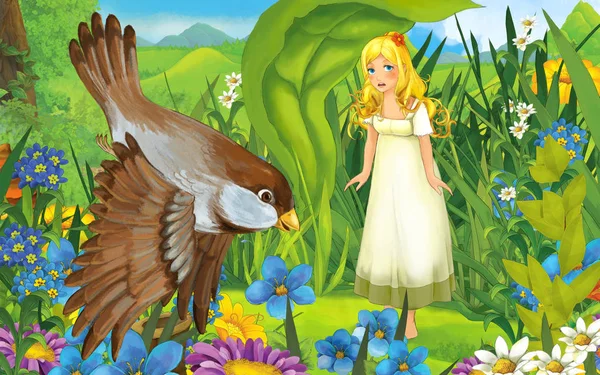Cena dos desenhos animados com jovem linda menina na floresta com — Fotografia de Stock