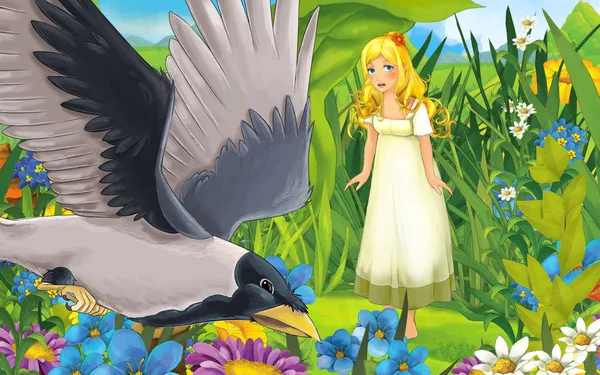 Cartoon scene with young beautiful tiny girl in the forest with a wild bird - illustration — Stock Photo, Image