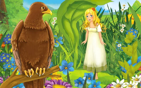 Escena de dibujos animados con una niña pequeña y hermosa en el bosque con un pájaro salvaje - ilustración —  Fotos de Stock