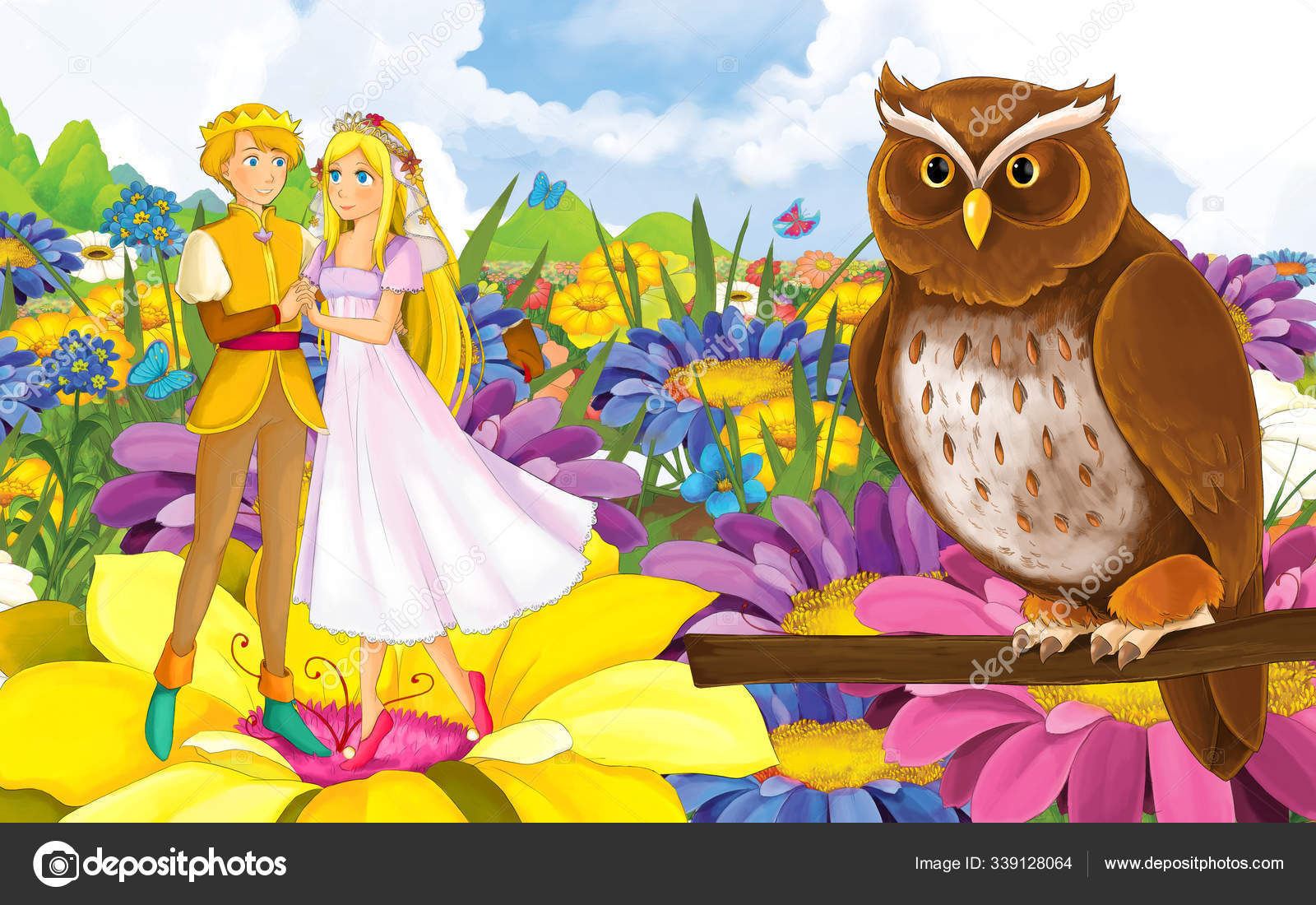 幼い美少女姫と王子と野生の鳥との漫画シーン ストック写真 C Illustrator Hft