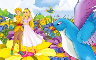 Genç, güzel bir kız prensesle vahşi bir kuşun olduğu karikatür sahnesi.