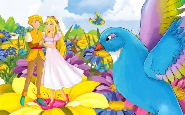 Genç, güzel bir kız prensesle vahşi bir kuşun olduğu karikatür sahnesi.