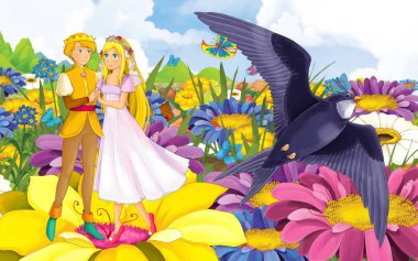 Genç, güzel bir kız prensesle vahşi bir kuşun olduğu karikatür sahnesi.