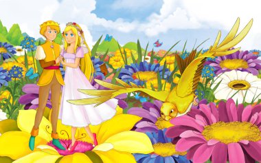 Genç, güzel bir kız prensesle vahşi bir kuşun olduğu karikatür sahnesi.