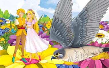 Genç, güzel bir kız prensesle vahşi bir kuşun olduğu karikatür sahnesi.