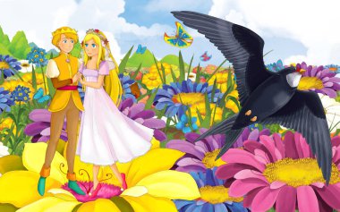 Genç, güzel bir kız prensesle vahşi bir kuşun olduğu karikatür sahnesi.