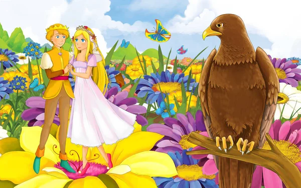 Cartoon scene met jong mooi klein meisje prinses en prins met een wilde vogel — Stockfoto