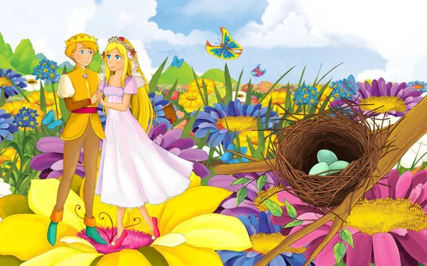 Cartoon scene with young beautiful tiny girl princess and prince with a wild bird — Stock Photo, Image