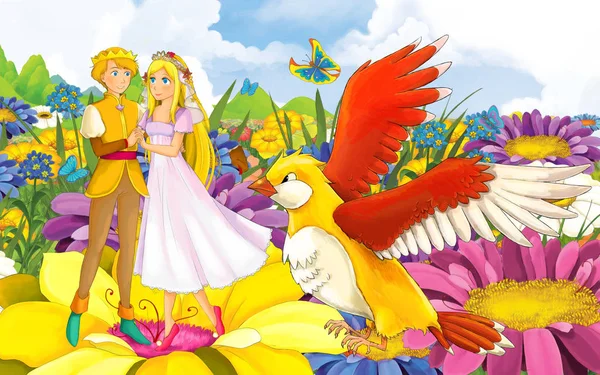 Cartoon-Szene mit jungen schönen kleinen Mädchen Prinzessin und Prinz mit einem wilden Vogel — Stockfoto