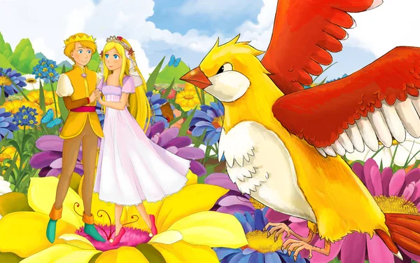 Scène de dessin animé avec jeune belle petite fille princesse et prince avec un oiseau sauvage — Photo