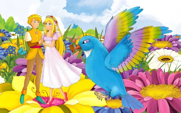 Tecknad scen med ung vacker liten flicka prinsessa och prins med en vild fågel — Stockfoto