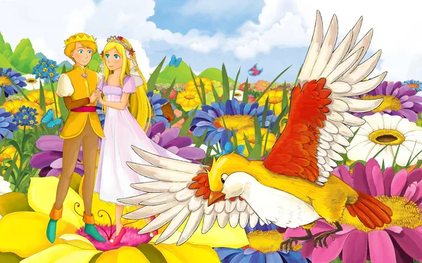 Scène de dessin animé avec jeune belle petite fille princesse et prince avec un oiseau sauvage — Photo