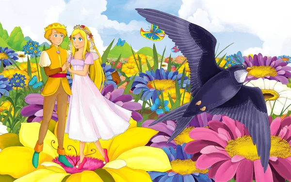 Scène de dessin animé avec jeune belle petite fille princesse et prince avec un oiseau sauvage — Photo