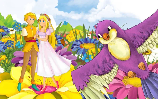 Kreskówka scena z młody piękny mały księżniczka dziewczyna i książę z dziki ptak — Zdjęcie stockowe