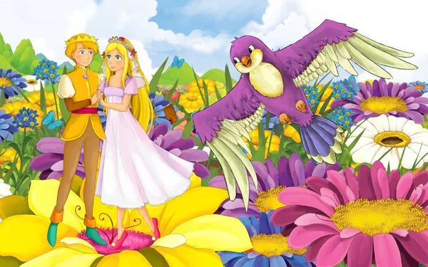 与年轻貌美的小公主和野鸟王子的卡通片 — 图库照片