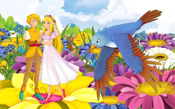 cartoon scene with young beautiful tiny girl princess and prince with a wild bird