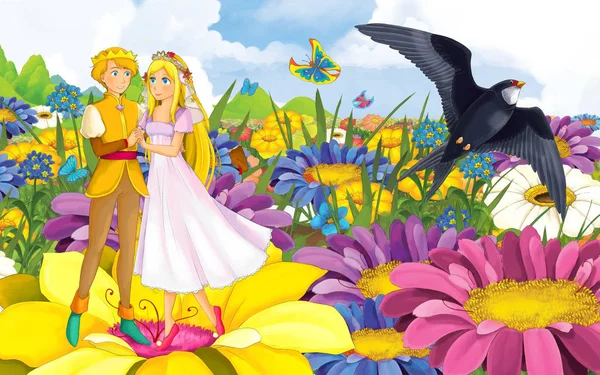 Adegan kartun dengan gadis kecil cantik muda putri dan pangeran dengan burung liar — Stok Foto