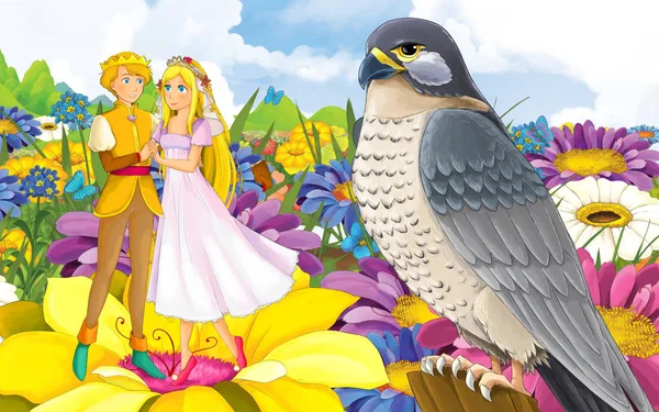 Cartoon-Szene mit jungen schönen kleinen Mädchen Prinzessin und Prinz mit einem wilden Vogel — Stockfoto