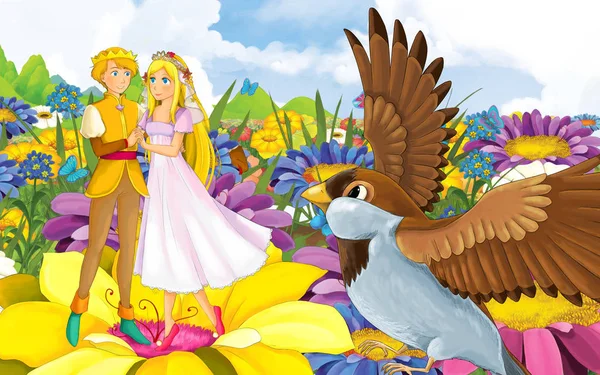 Σκηνή κινουμένων σχεδίων με νεαρή όμορφη πριγκίπισσα κοριτσάκι και πρίγκιπα με ένα άγριο πουλί — Φωτογραφία Αρχείου