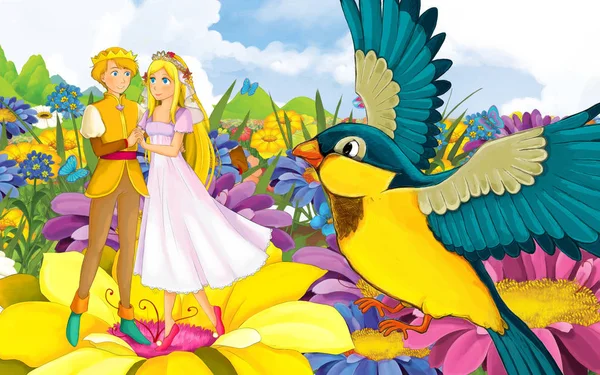 Tecknad scen med ung vacker liten flicka prinsessa och prins med en vild fågel — Stockfoto