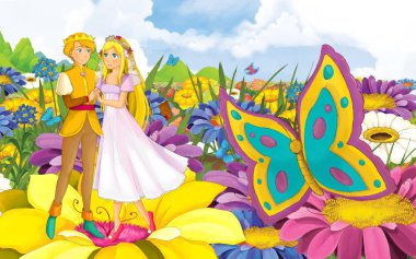 Genç, güzel bir kız prensesle vahşi bir kuşun olduğu karikatür sahnesi.