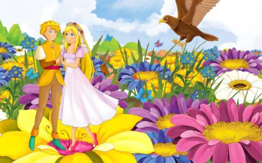 Genç, güzel bir kız prensesle vahşi bir kuşun olduğu karikatür sahnesi.