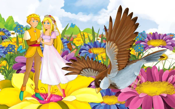 Cartoon-Szene mit jungen schönen kleinen Mädchen Prinzessin und Prinz mit einem wilden Vogel — Stockfoto