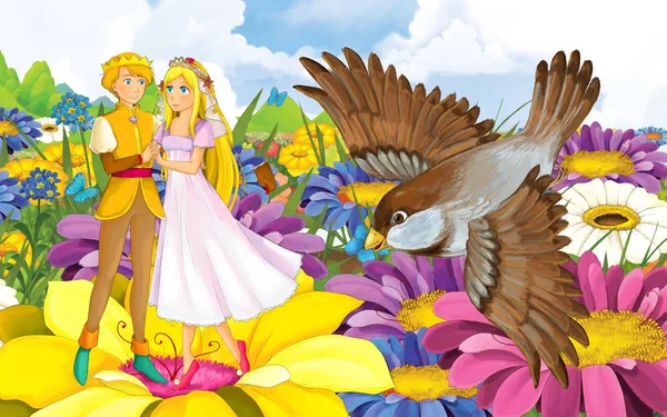 Cartoon-Szene mit jungen schönen kleinen Mädchen Prinzessin und Prinz mit einem wilden Vogel — Stockfoto