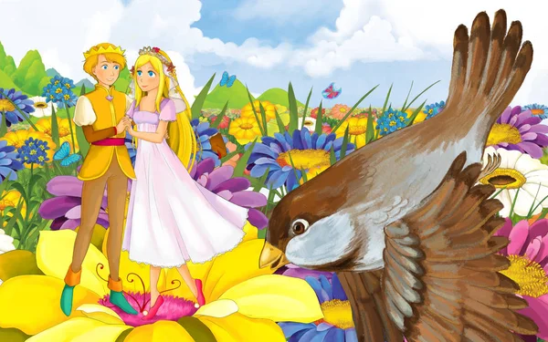 Escena de dibujos animados con la joven hermosa niña princesa y príncipe con un pájaro salvaje — Foto de Stock